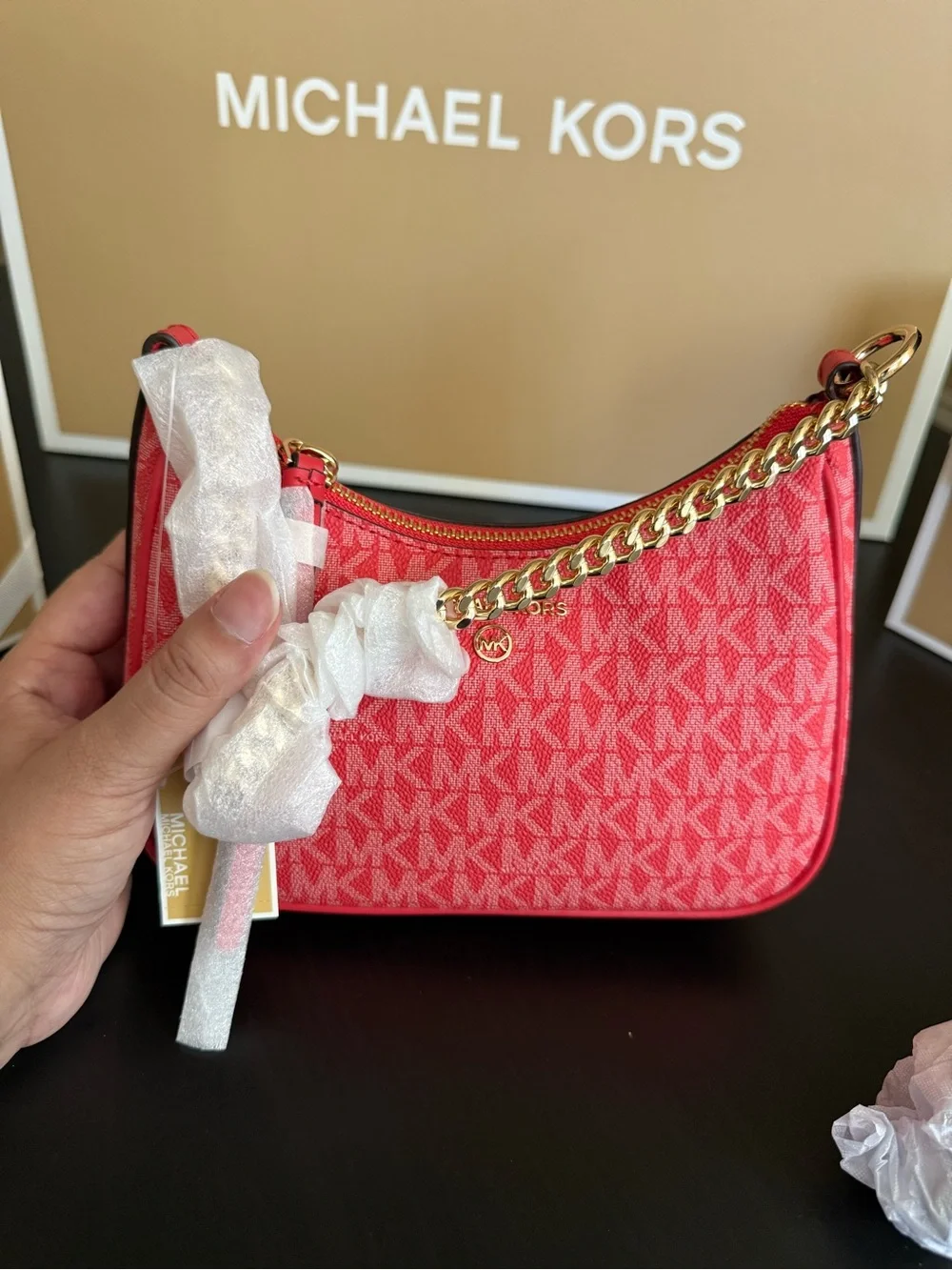 💯% Auethentic Michael Kors Coral Red MK Monogram Hobo with Gold Chain